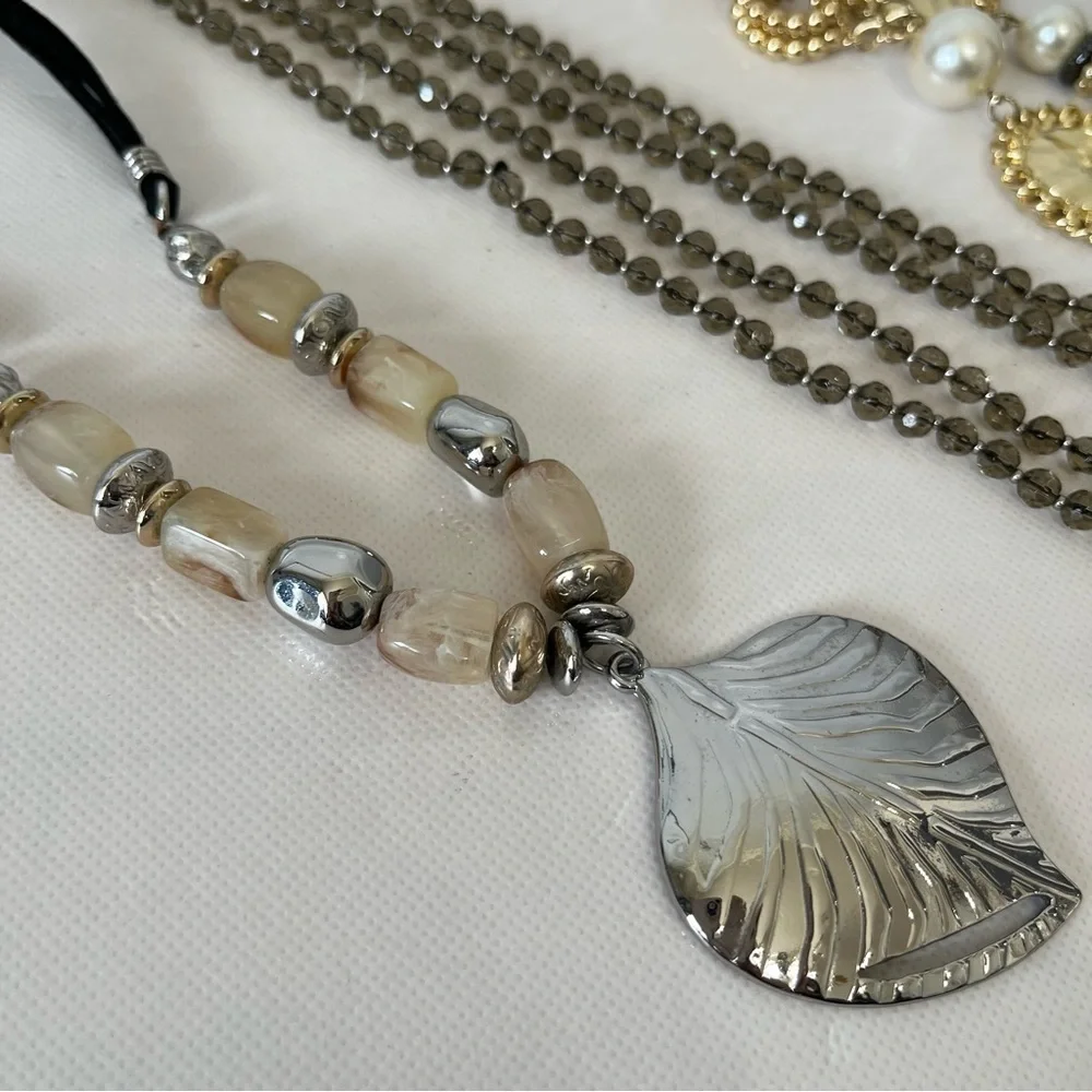 Chico’s Chunky Statement Necklace Silver Pearl Gold Tone Long Strand Set of 3